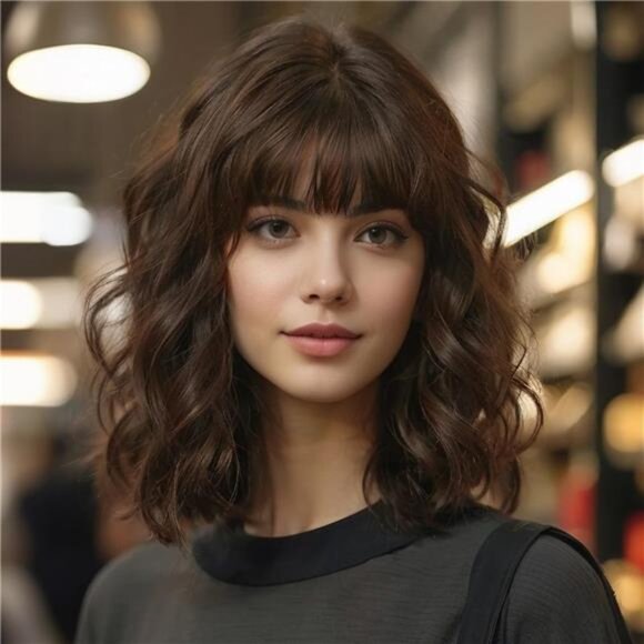 Dark Brown Short Wavy Wig With Bangs Brown Wigs for Women